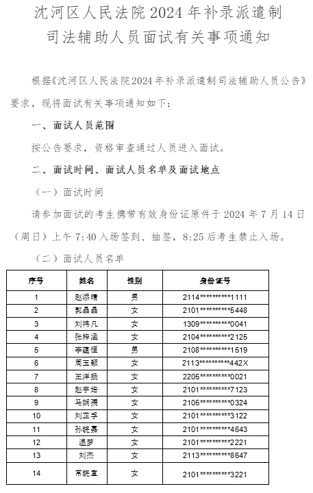 沈河區(qū)人民法院2024年補(bǔ)錄派遣制司法輔助人員面試通知